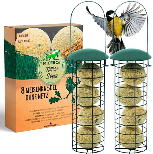 Mice&Co 2 Vogelfutterhäuser für Wildvögel Hängend, Set 16 Meisenknödel | Meisenknödelhalter aus Wetterfestem Metall, Einfach Aufhängen, Füllen und Reinigen, Ganzjährig, Ideal als Geschenk