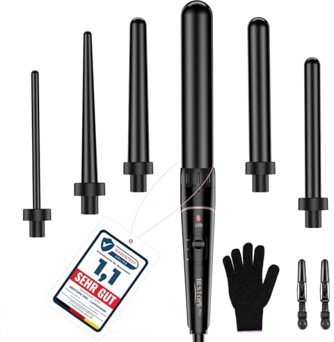 Lockenstab Große und Kleine Locken Set - 6 in 1 Mit Verschiedenen Aufsätzen Antistatische Keramik Turmalin Beschichtung Welleneisen für Beach Waves