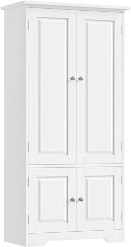 FOREHILL Mehrzweckschrank weiß Wohnzimmerschrank Küchenschrank Hochschrank mit 4 Türen und Verstellbarer Ablage 58x31,5x123cm