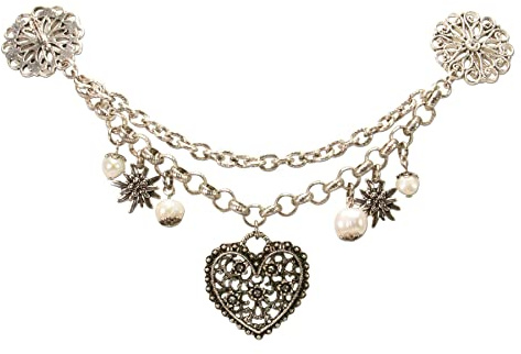 Alpenflüstern Dirndl-Pin-Charivari Blütenherz - Hochwertiger Damen-Trachtenschmuck mit Perlen und Blütenherz, Dirndlkette für die Tracht, antik-silber-farben DCH042