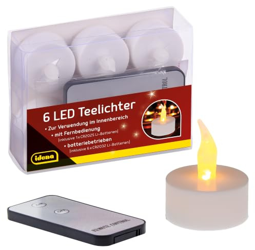 Idena 38204 - LED Teelichter, 6 Stück, elektrische Kerzen mit flackerndem Licht, mit Fernbedienung, inklusive Batterien, Deko für Hochzeit, Party, Weihnachten, Ostern, als Stimmungslicht