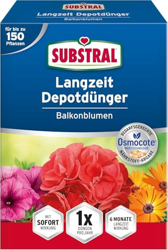 Substral Balkonblumen Langzeit Depotdünger, für Geranie, Surfinie, Dipladenie, Petunie, Fuchsie, Begonie, u.a., 1,5kg