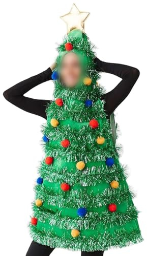 Felcia Damen Weihnachtsbaum Kostüm Elegant Ärmellos Plüsch Ball Lametta Patchwork Kapuze Minikleid Xmas Verkleidung