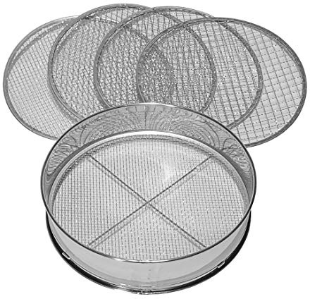 Siebmeister 5000, 5in1 Gartensieb, 5 austauschbare Siebeinsätze Ø 3,5,8,10,12 mm fein, für Erde, Steine, Kompost, Unkraut, Sand, Schotter und Saatgut, 30 cm rund, Metall, rostgeschützt