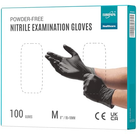 EUROPAPA 100x Nitrilhandschuhe Box Einweghandschuhe, Einmalhandschuhe, Untersuchungshandschuhe, Nitril Handschuhe, puderfrei, ohne Latex, unsteril, latexfrei, disposible gloves (M, Schwarz)