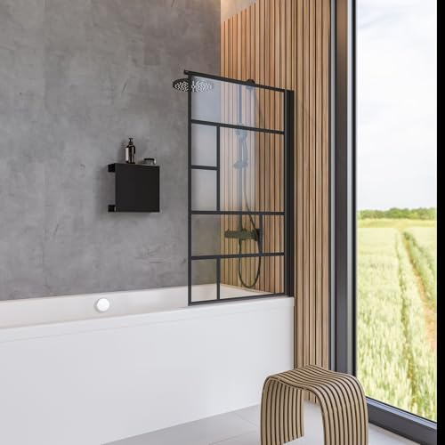 Schulte Duschwand für Badewanne 80x140 cm, Atelier 1, Mattschwarz | 1-teiliger Badewannenaufsatz mit 5 mm ESG, Fixil-Glasbeschichtung und Dekor Atelier 1 in Black Style.