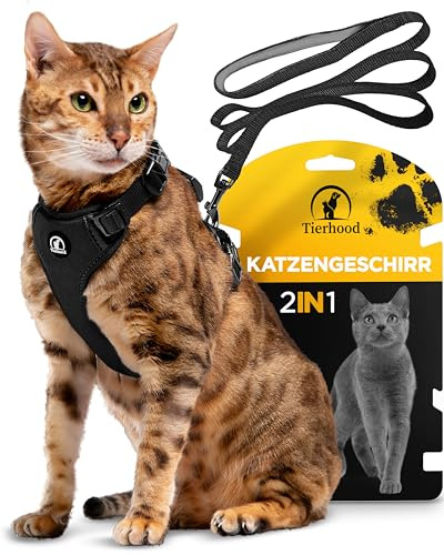 Tierhood - Katzenlaufgeschirr und Leineset | Für Katzen aller Größen, Kontrollierte Freiheit, Schwarz, Größe S, Mit hellen Reflektoren, 1,4 m Leine