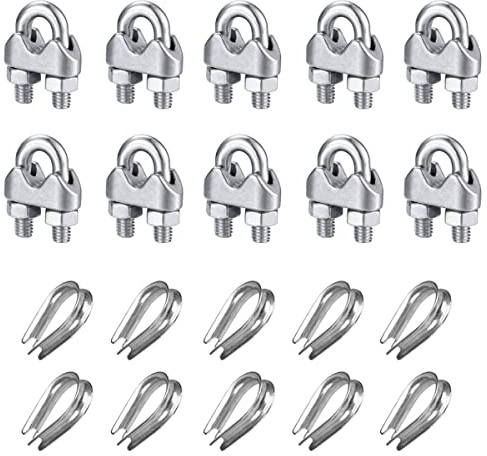 Drahtseilklemme, Bügelseilklemme, YOCZOX 5 mm Edelstahl Seilklemme, Drehseilclips, Stahlseilklemmen, Drahtseilkauschen, U Bolzen Klemme für Drahtseil, Stahlkabel (10 Seilklemme + 10 Kauschen)