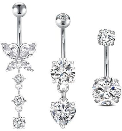 FECTAS 3pcs Bauchnabelpiercing 10mm Chirurgenstahl Silber Gold Bauchpiercing Piercing Bauchnabel Schmuck Herz Schmetterling