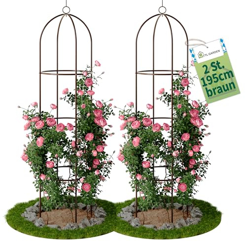 TTL GARDEN 195x40cm Obelisk Rankhilfe XL braun 2er Set - Rosen Rankgitter | - Metall rostfrei für Kletterpflanzen Rosen Clematis - pulverbeschichteter Stahl 195 cm hoch 40cm Ø Rankturm Tomaten Gurken