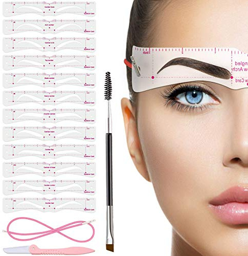 TEUVO Augenbrauen Schablone für Anfänger, 12 Stile Augenbrauen Schablonen Set mit Augenbrauenpinsel und Augenbrauenrasier, Wiederverwendbar DIY-Augenbrauen Stempel für 3 Minuten Make-up