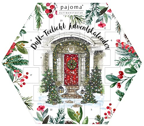 pajoma® Duftteelicht Adventskalender, sechseckig | 24 Teelichte in 6 Sorten inkl. Teelichthalter aus Glas | Duftkerzen Teelicht Advent-Kalender