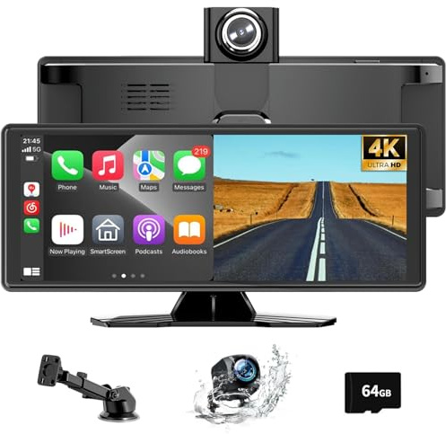 10,26 Zoll Carplay Display & Android Auto Display, Auto Bildschirm mit 4K Dashcam 1080P Rückfahrkamera, Car Play Android mit Bluetooth/GPS Navigation/Mirror Link/Siri G00gle Assistent/FM/AUX/64G TF