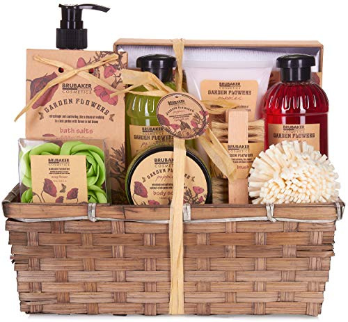 BRUBAKER Cosmetics Bade- und Dusch Set Mohnblumen Duft | 14-teiliges Geschenkset im Pflanzkorb - mit Nagelbürste