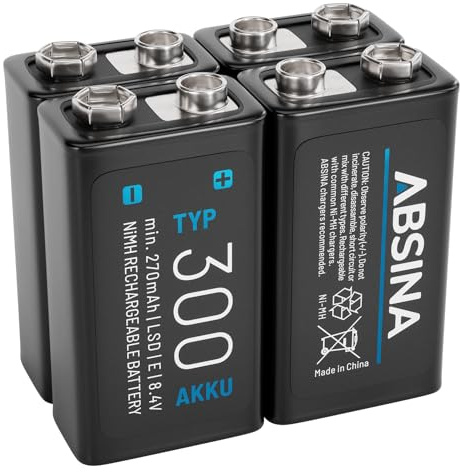 ABSINA 4X 9V Blockbatterie Akku wiederaufladbar 300 mit geringer Selbstentladung - Block Batterie 9V Akku NiMH mit min. 270mAh & 8,4V - Rechargeable Battery - E-Block NiMH Batterie aufladbar