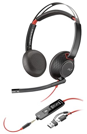 Poly Blackwire 5220 schnurgebundenes Headset, Flexibler Mikrofonarm mit Noise Cancelling, Ergonomisches Design, Verbindung mit PC/Mobilgeräten über USB-C, USB-A oder 3,5 mm, Teams/Zoom kompatibel