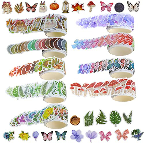 UGBO Washi Tape Set Masking Dekoratives Klebeband Vintage Washi Tape Sticker Buntes Blumenblütenblatt Pilze Tiere für DIY Handwerk Scrapbooking Bullet Journals Planer 9 Rollen