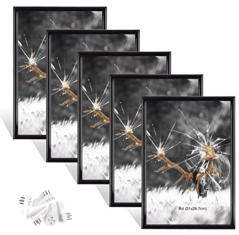 Dmyifan 5er Bilderrahmen DIN A4 Schwarz Set, Fotorahmen mit Plexiglas, Rahmen zum Stellen und Hängen für Fotos, Portraits | Picture Frame