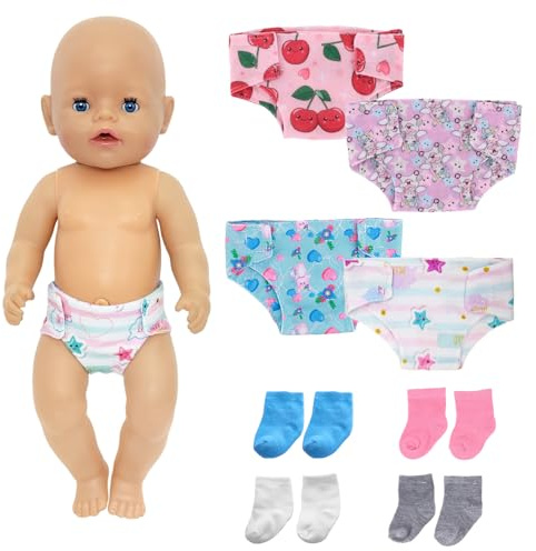 4 Puppenwindeln & 4 Paar Puppensocken für Puppen 30–50 cm, Niedliche Puppenwindeln Set, 4 Verschiedene Muster，Wiederverwendbare Puppenunterwäsche & Socken für 14–20 Zoll Puppen, Geschenk für Kinder