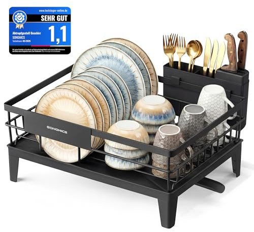 SONGMICS Abtropfgestell Geschirr, Geschirr-Abtropfständer, 360° drehbarer und ausziehbarer Ablauf, Abtropfschale, Besteckhalter, Küche, 31 x 42 x 18,5 cm, tintenschwarz KCS550B01
