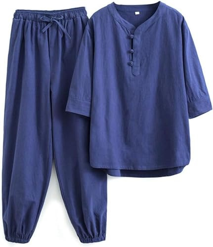 WHESAZYP Tai Chi Anzüge Tai Chi Kleidung Damen Kung Fu Uniform Baumwollleinen Kampfsport Set Kurzarmhose Zen Meditationsuniform Tang-Anzug Traditionelle chinesische Kleidung (Blau M)