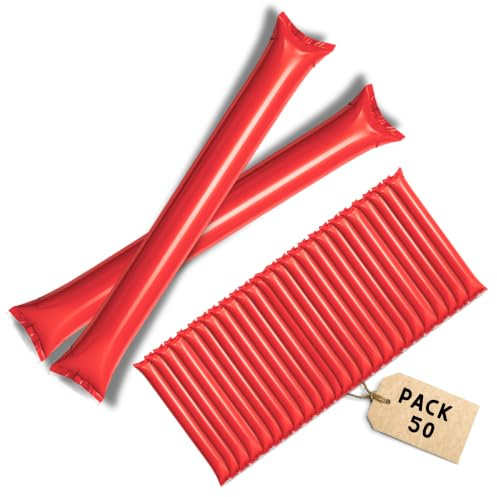 FUN FAN LINE Set aus 50 Paar Wiederverwendbare Aufblasbare Klatschstangen | Aufblasbare Thunder Sticks für Stadien, Fußball, Basketball und Sportevents - Rot