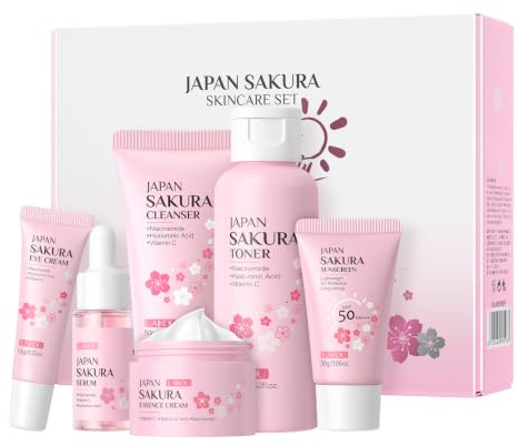 Sakura Gesichtspflege Skincare Set Reisegröße 6 Stück | Pflegeset Damen Geschenkset, mit Reinigungsmittel, Gesichtswasser, Serum, Augencreme, Gesichtscreme, Sonnencreme LSF 50