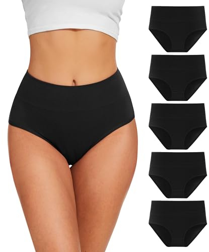 YESWEL Unterhosen Damen 5er Pack, Baumwolle Slip Hohe Taille Unterwäsche | breiter Doppelbund, etikettenfrei, volle Abdeckung, atmungsaktiv, mit Elasthan, 30 Grad waschbar, Alltag & Sport