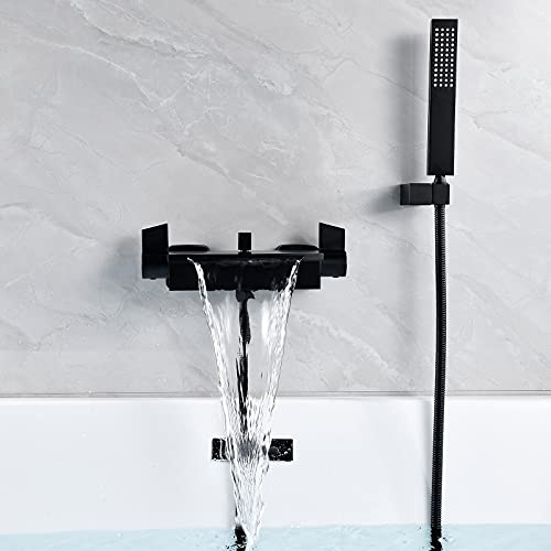 Badewannenarmatur Wasserfall Schwarz,badewannenarmatur Mit Handbrause,Messingmaterial Wannenarmatur Mit Brause Badewannen Wandarmatur Badewannenarmatur Schwarz Matt (Schwarz)