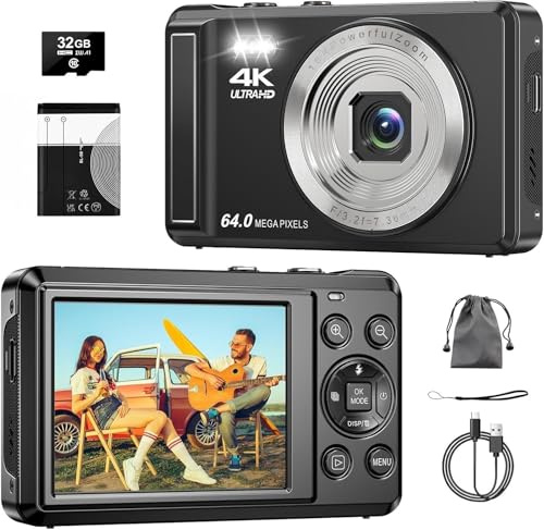 Digitalkamera 4K 64MP, 2.8 Zoll UHD Autofokus Kamera fotokamera, 32GB Karte & Akku,16X Digitalzoom Wiederaufladbare Tragbare Kompaktkameras mit Anfänger Jugendliche