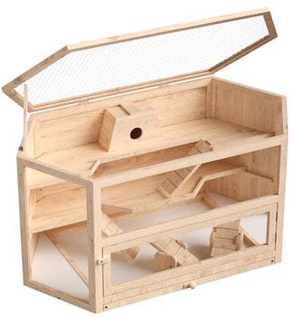 Wiltec XXL 3 Etagen Nagerkäfig, 6-eckig, 1150 x 600 x 580 mm, aus Holz, mit klappbarem Deckel & Sichtfenster, Kleintierhaus Mäusekäfig Hamsterkäfig