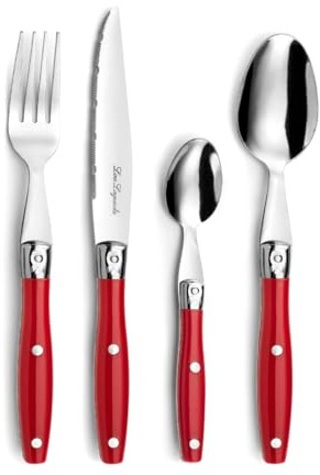 Lou Laguiole Steakbesteck | Steakmesser Set 24-teilig | Besteck für 6 Personen | Rot | Wellenschliff Messer Essbesteck | Besteck Set