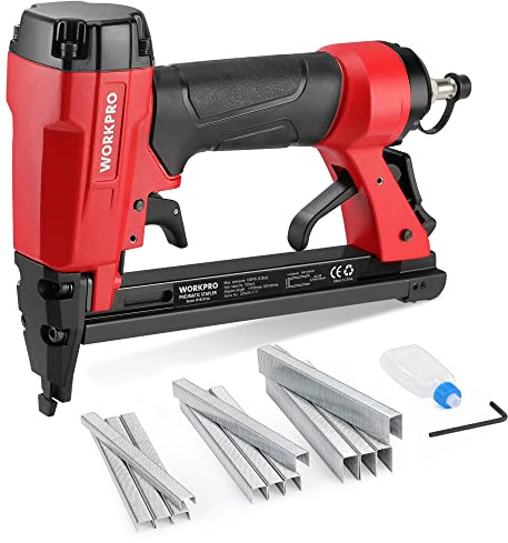 WORKPRO Drucklufttacker Druckluftpistole mit Sicherheitsnase, inkl. | 1884 tlg. Klammern Typ 71, 6-16mm, Ölflasche, Innensechskantschlüssel für Möbelherstellung Holzbearbeitung DIY-Projekte