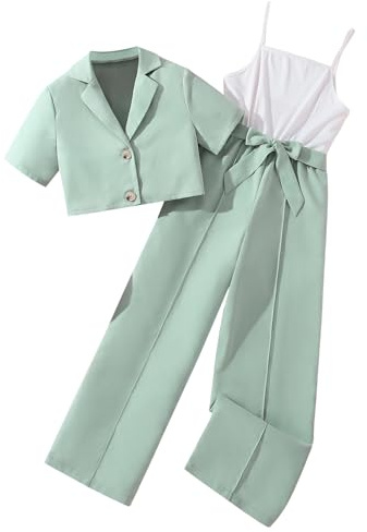 Hilinker 2-teiliges Outfit für Mädchen, kurzärmelig, Blazer und ärmelloser Jumpsuit mit Gürtel, grün/weiß, 9-10 Jahre