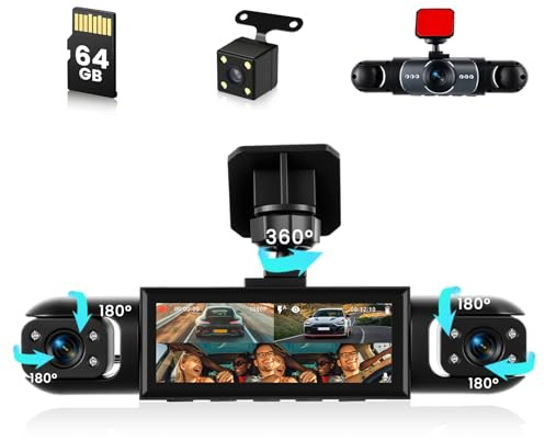 Inefala 4 Kanal Dash Cam Auto Kamera mit 3.16''IPS, 360° 4 Kanal Dashcam Auto Vorne Hinten FHD 1080P,Autokamera mit 64-GB-Karte,Dash Cam mit Loop-Aufnahme Weitwinkel Nachtsicht Einparkhilfe