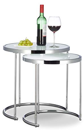 Relaxdays Satztische rund, Chromgestell, 2er Set, modernes Design - Milchglas, Couchtisch Metall, Beistelltische, Silber