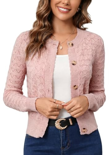 Enjyam Damen Strickjacke Elegant Langarm Rundhals Cardigan Leicht Bolero Jäckchen mit Knöpfe Weiche Jacke über Top Kleid