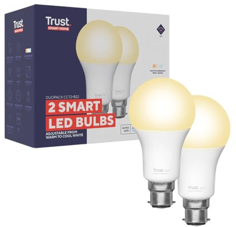 Trust WiFi B22 Smart Lampe, Dimmbar LED Birne, Leuchtmittel für Alexa und Google Home, Kein Hub Erforderlich, 2.4GHz Glühbirne RGB, WI-Fi Lampe, Weiß - 2er-Pack