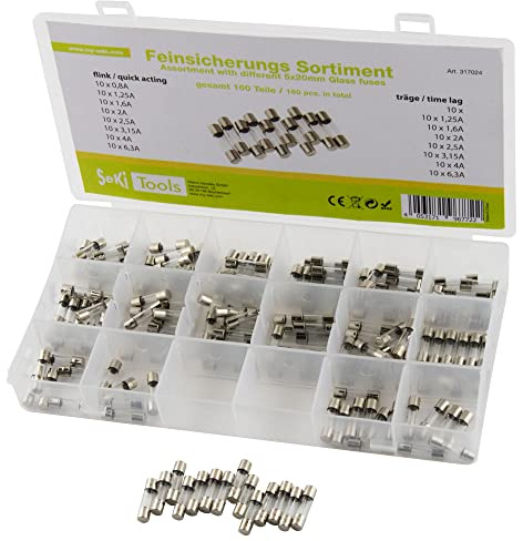 SeKi Glassicherung 160 Teile Feinsicherung 5x20 Sortiment 160-teilig 16 Typen Flink + 8X Träge 0,8A, 1,25A, 1,6A, 2A, 2,5A, 3,15A, 4A und 6,3A Sicherung, Box