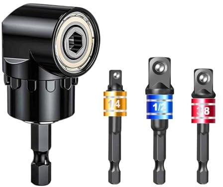 105° Winkelschrauber und 3 tlg Sechskant Stecknussadapter(1/4, 3/8,1/2) | mit 1/4 Bohrer Sechskantschaft, Schraubenschlüssel Nuss Set, Winkelbohraufsatz Vorsatz Adapter für Akkuschrauber