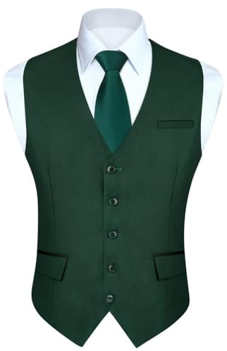 HISDERN Anzugweste Grün Herren Elegant Hochzeit Weste Anzug Klassische Einfarbig Businessweste Formelle Smoking Anzugwesten mit Taschen L