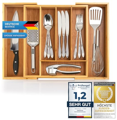 Dimono® Schubladeneinsatz Besteckeinsatz aus Bambus-Holz Schubladen; 7-9 Fächer Ordnungssystem Flexibler Organizer Ausziehbare Schublade für Küche, Büro, Bad & Werkstatt (Ausziehbar bis 45,5 cm)