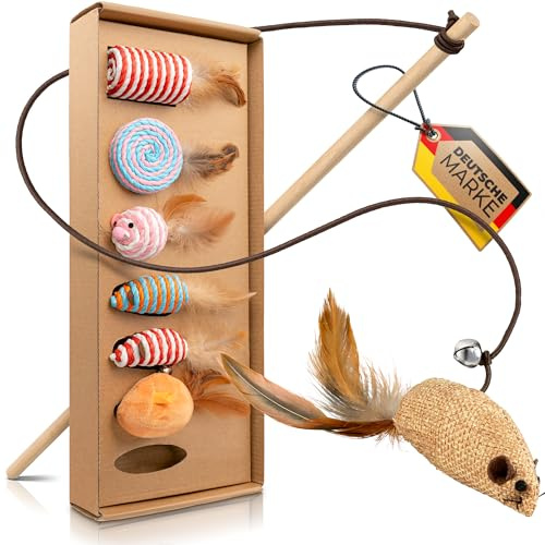 Katzenspielzeug Natur 7 Teile Set, Maus aus Plüsch und Sisalseil mit Federn inkl. Katzenangel aus Holz, interaktives Katzen Spielzeug zur selbstbeschäftigung, fördert Koordination von Kitten