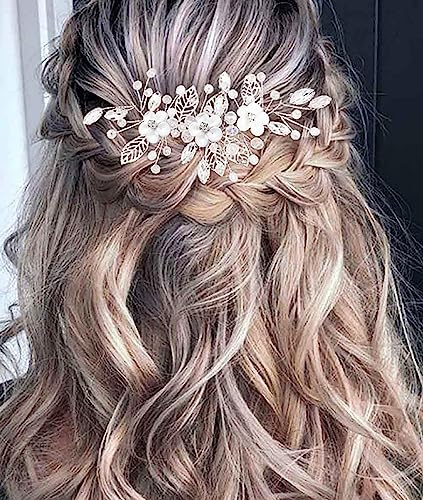Brateuanoii Blumen Hochzeits Haarranken, Silber Kristall Braut Kopfschmuck, Blume Blatt Kopfschmuck, Braut Stirnband K-opfschmuck Für Frauen Und Mädchen(Ohne fest integrierte Spangen)