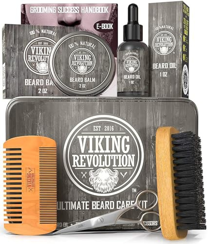 Viking Revolution Bartpflegeset für Männer - Ultimatives mit 100% Wildschweinborsten Bartbürste, Bartkamm aus Holz, Bart Balsam, Bartöl, Schnurrbart- & Bartschere - Geschenke Für Männer