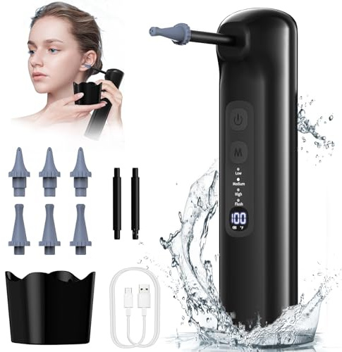 ShinePick Ohrenschmalz Entferner, Elektrischer Ohrenreiniger inkl. 6 Düsen, Ohrendusche Mit 4 Druckmodi IPX7 Wasserdicht, Ohrenreiniger für Erwachsene Kinde, Schwarz
