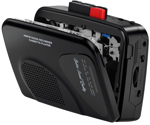 Kassettenspieler/Recorder, AM/FM-Radio,Walkmaner Tragbarer Kassettenspieler, Aufnahme auf Kassette, Eingebaute Lautsprecher, Manuelle Aufnahme, T201(Schwarz)