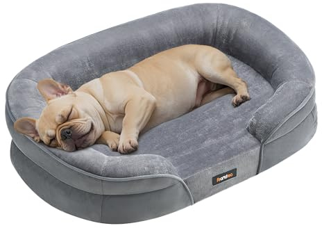 Feandrea Hundebett, Hundekissen, für mittelgroße Hunde, 76 x 51 x 18 cm, orthopädisch, wasserdichte Innenschicht, erhöhte Ränder, Abnehmbarer, waschbarer Bezug, rutschfest, hellgrau PGW281G01