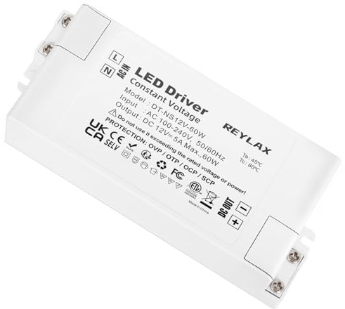 REYLAX LED Trafo 12V 60W 5A Elektronischer Transformator 230v Auf 12v DC | 120x50x30mm Treiber Schalt Niedervolttrafo, Konstantspannungs Netzteil für Lampen Nicht Dimmbar
