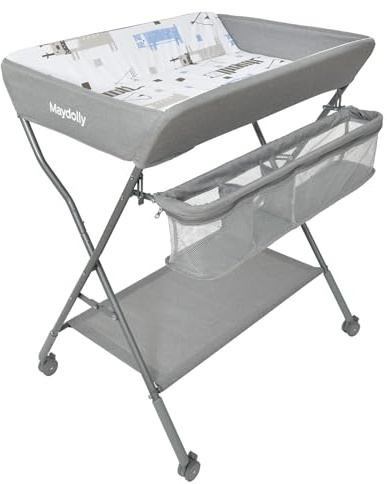 Maydolly Baby Klappbar Wickelkommode，Mobiler Wickeltisch mit Rollen und Wickelauflage,Wasserdicht und Höhenverstellbar，Baby Wickelkombi mit Ablagefächern(hellgrau)